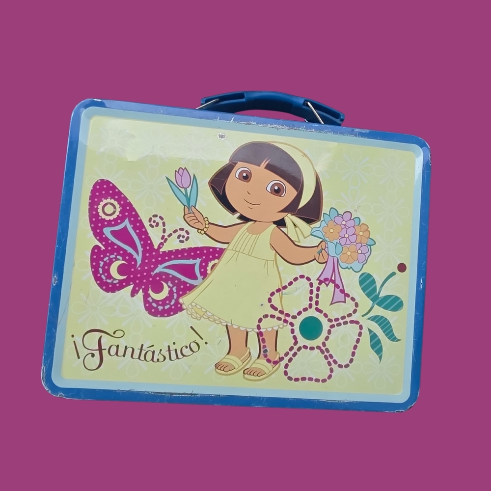 Kids Tin Lunch Box with Dora Design - Blue and Yellow